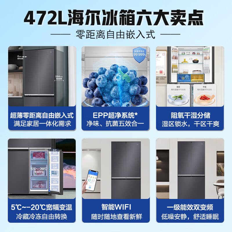 海尔(Haier)冰箱十字对开门472L容量风冷无霜 一级能效节能省电 超薄家用 BCD-472WGHTDB9SJU1图片