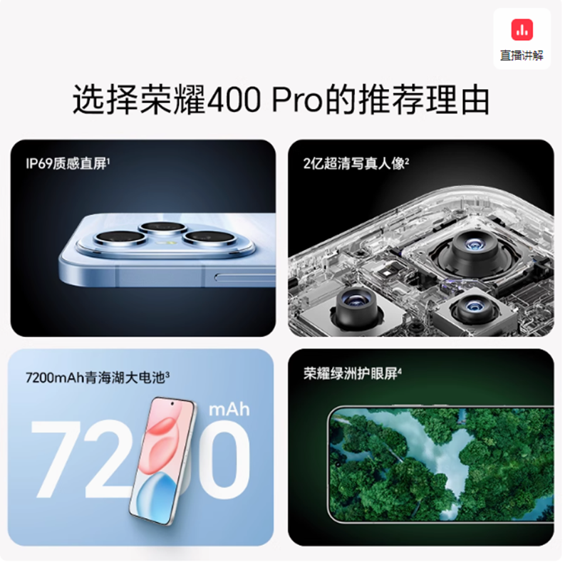 [全新]荣耀400 Pro 12GB+256GB 幻夜黑 第三代骁龙8芯 2亿超清影像 7200mAh大电池 80W快充 无线充电 拍照时尚手机