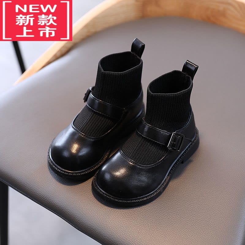 可莉允儿童靴子女春秋单靴宝宝袜靴英伦风皮靴黑色小童短靴女童马丁靴图片