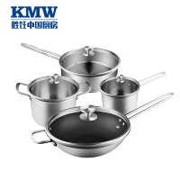 KMW捍卫者304圆钮复合钢不粘中华炒锅四件套KMWHWZ0074 加厚锅体少烟防焦糊304不锈钢炒锅煎锅汤锅奶锅具套装