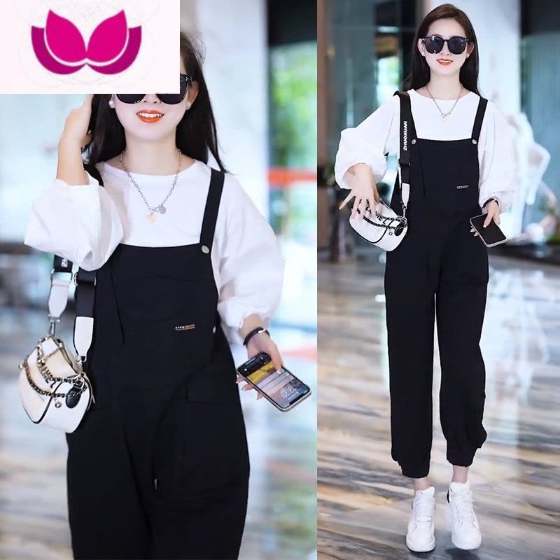 七斓黑色牛仔背带裤套装女2022秋季新款小个子时尚洋气宽松工装套图片