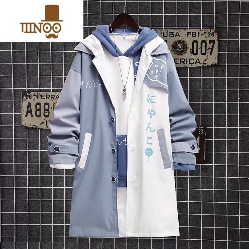 YANXU日系ins潮流卡通猫咪外套男潮牌中长款宽松青少年加绒风衣高清大图