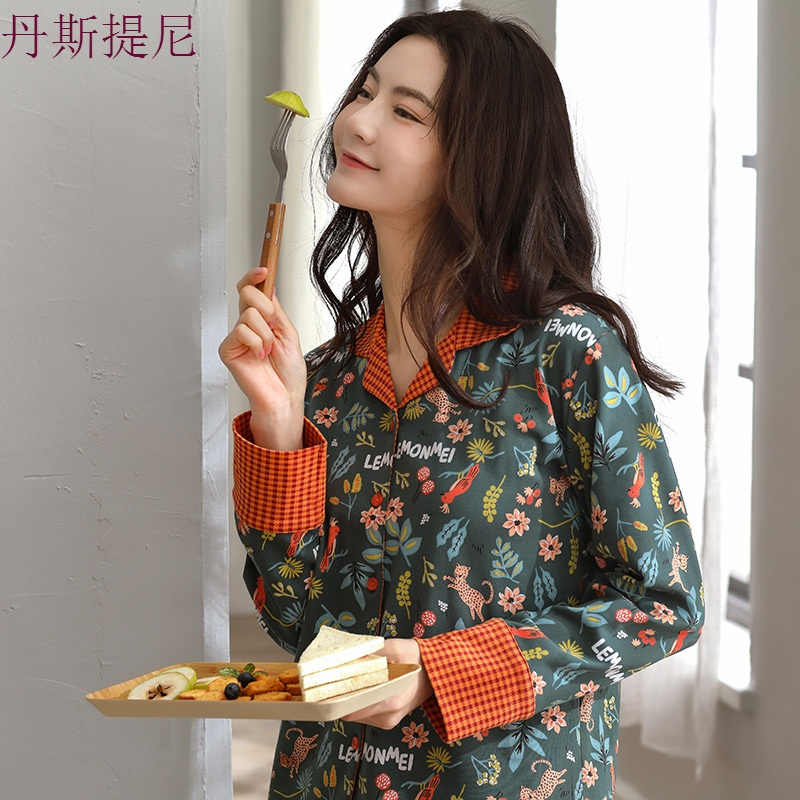 女士韩版秋季纯棉睡衣女长袖春秋大码开衫薄款全棉家居服套装
