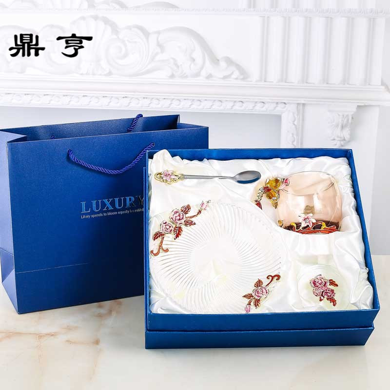 鼎亨百合珐琅彩水杯玻璃杯子女家用洛施花舍套装耐热创意套花