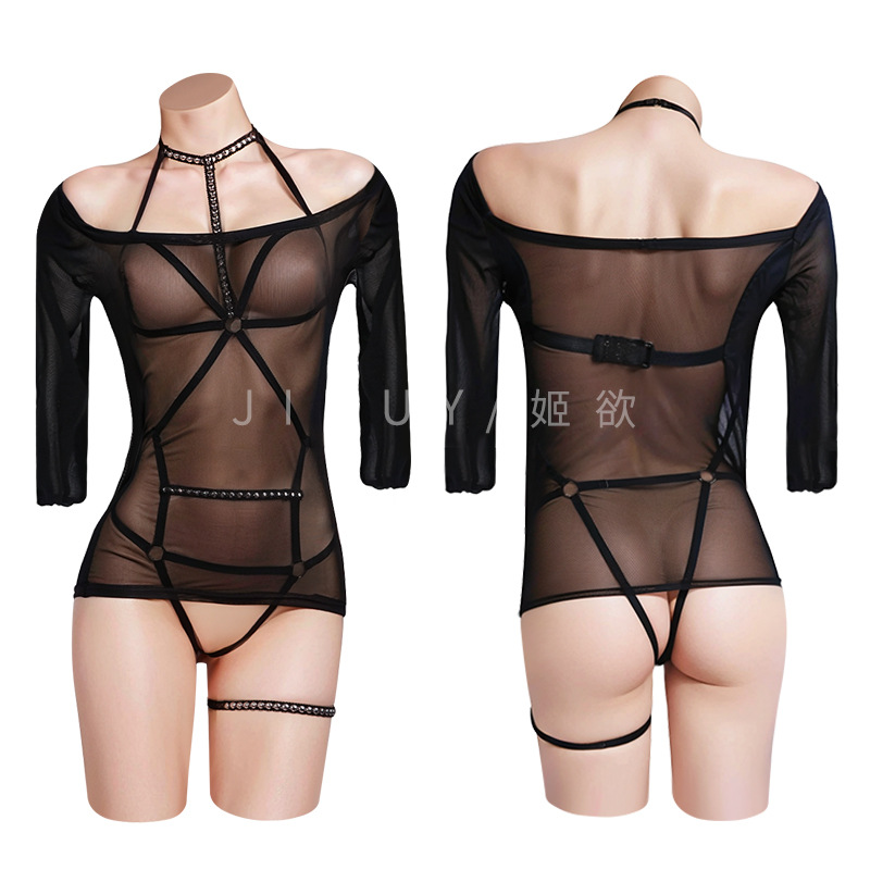 姬欲情趣内衣捆绑式超薄性感免脱透视制服诱惑纯欲风吊带连体9933 9933（连体衣+腿环+外罩衫） 均码