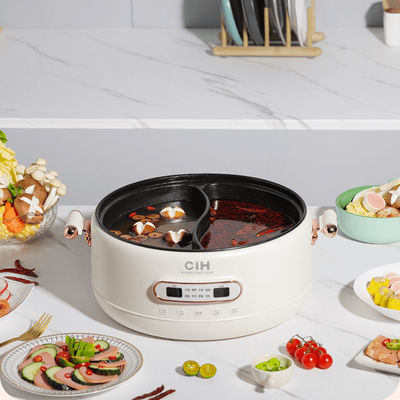 CIH电火锅家用锅鸳鸯锅多功能一体式电热锅大容量宿舍电煮锅 6.5L大容量白色鸳鸯锅