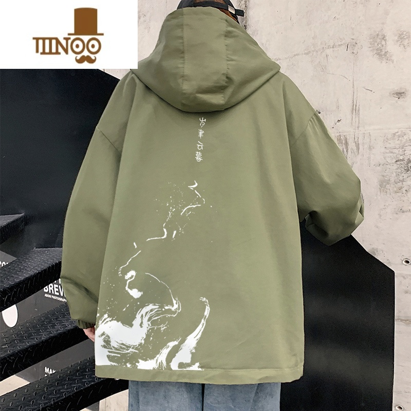 YANXU国潮港风撞色泼墨连帽夹克男2023新款青少年男装帅气学生外套高清大图