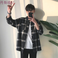 港风宽松格子衬衫男士长袖韩版休闲百搭学生薄款衬衣男潮