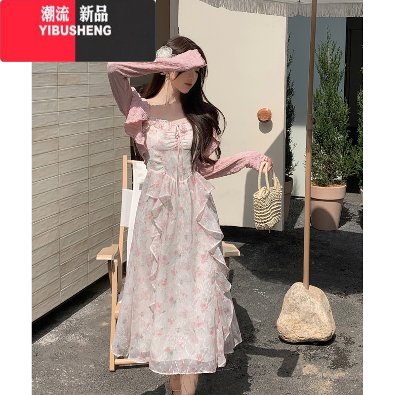 YIBUSHENG大码女装法式温柔风碎花连衣裙季显瘦吊带裙胖MM裙子防晒衫套装 粉色花朵裙 4XL码建议180-200斤