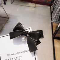 黑蝴蝶结带珍珠10CM 3片弹簧夹 半扎发夹头饰女成人发饰蝴蝶结后脑勺马尾夹弹簧夹一字顶夹发卡子