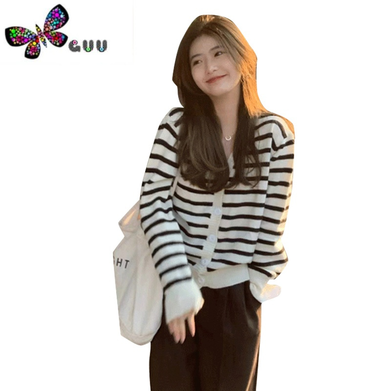语娄黑白条纹针织开衫女2023新款女装高级感韩系上衣外搭毛衣外套