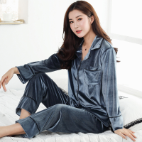 迪鲁奥（DILUAO)金丝绒睡衣女秋冬薄款宽松长袖家居服睡袍三件套珊瑚绒睡衣女春秋_977 L(适合100-120斤) 金丝绒7101灰色(2件套)