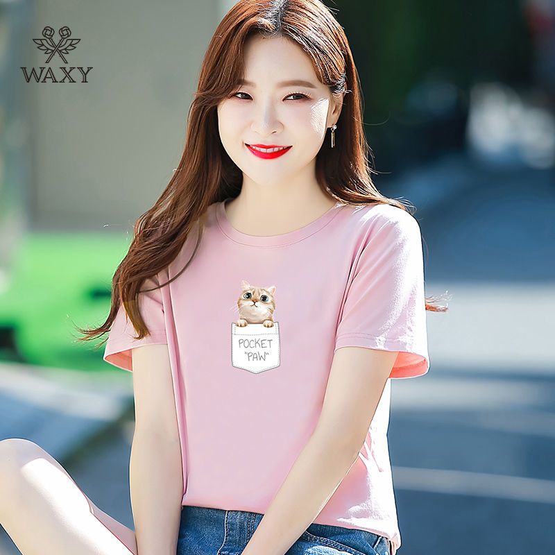 WAXY运动纯棉短袖2022夏季宽松韩版透气吸汗圆领上衣时尚百搭减龄