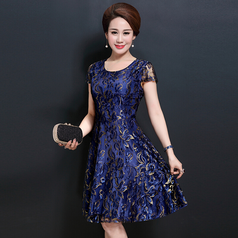 妈妈装夏装短袖蕾丝连衣裙夏季新款中老年女装大码裙子4050岁