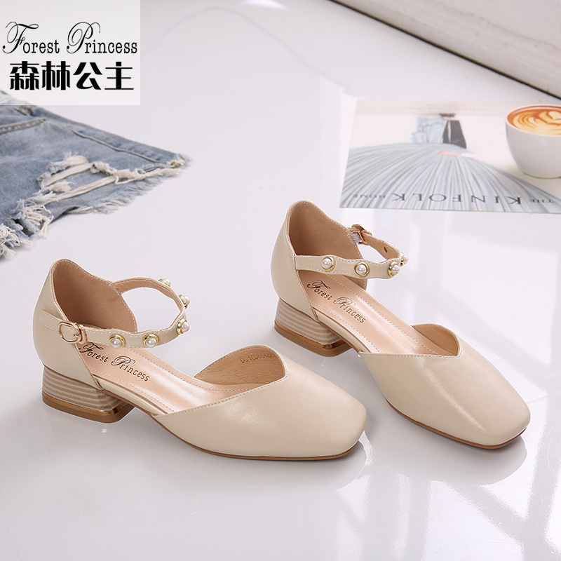 森林公主女鞋女韩版中跟方头百搭中空复古玛丽珍女单鞋
