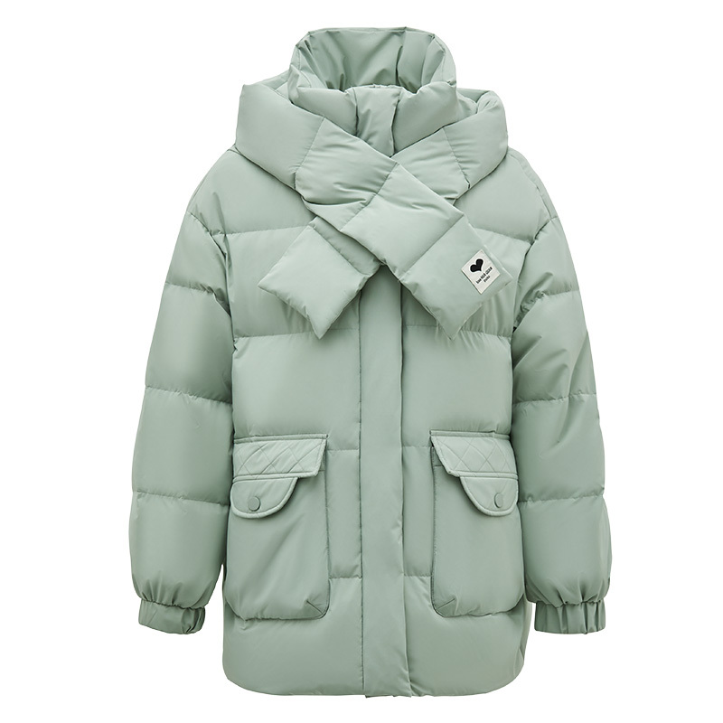 雪中飞围巾款2022冬季新款连帽羽绒服女短款宽松羽绒外套设计感