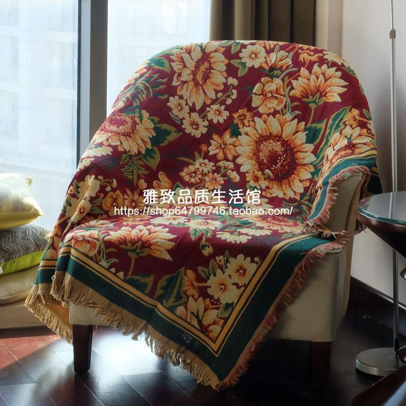 欧美民族风森系kilim粗棉线编织毯沙巾桌布沙滩巾飘窗垫盖布酒红色非洲菊
