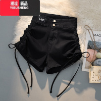 YIBUSHENG绑带抽绳牛仔短裤女季高腰显瘦包臀美式休闲女团辣妹短裤热闲 S 黑色