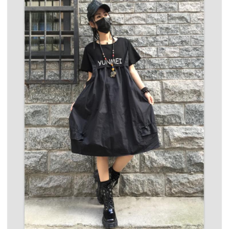 大码2021夏季新款洋气韩版个性抽绳A版显瘦短袖连衣裙女装黑色潮 黑色 21320 M 120斤内