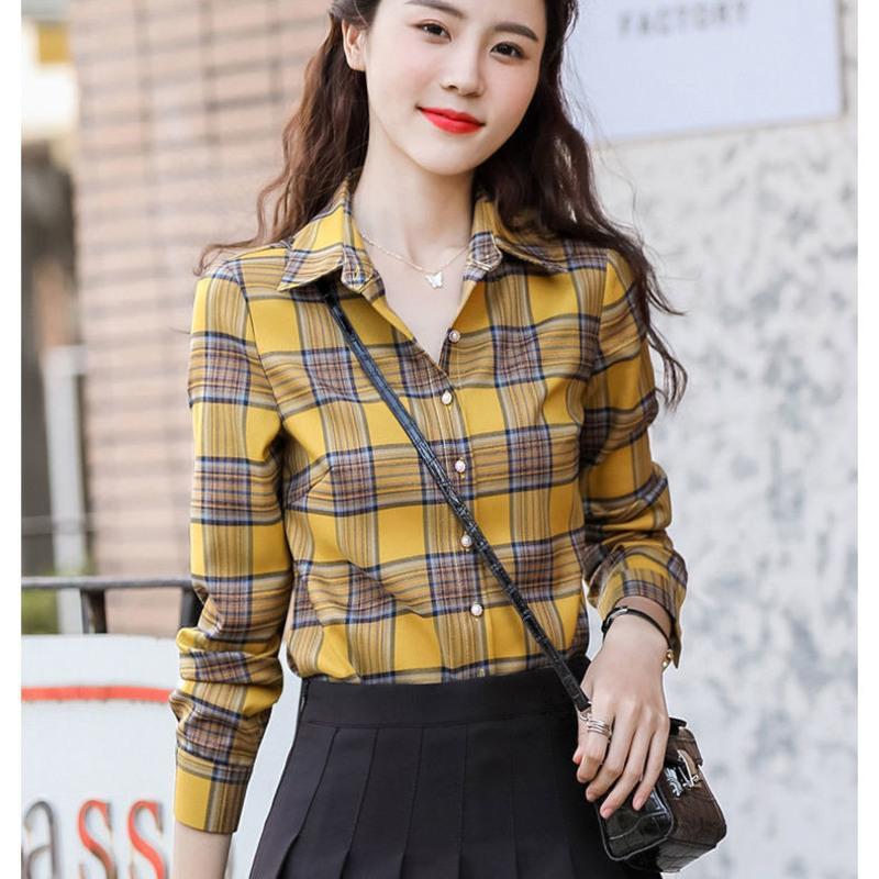 韩版时尚格子衬衫女长袖2021春装新款设计感洋气上衣休闲棉麻衬衣 黄格 M 建议105斤以内