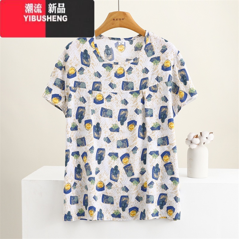 YIBUSHENG季棉绸短袖上衣女薄款宽松大码妈妈人造棉圆领T恤衫中老年装高清大图