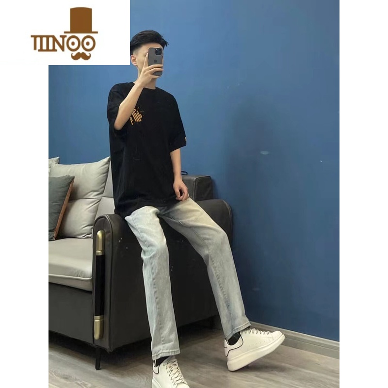 YANXU黄泥水洗做旧牛仔裤男韩版痞帅男生直筒裤潮牌百搭休闲九分裤黄高清大图