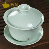 恒福(TEA MiLL)茶具 越窑古意青瓷陶瓷盖碗半组 整套功夫茶具 越窑龙泉青瓷一盖碗一海六杯 否