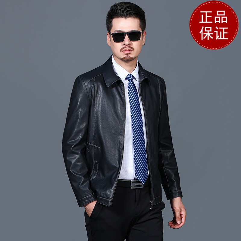 免费试穿 中年男人皮衣翻领短款爸爸衣服时尚休闲皮夹克仿真皮外套仿水保暖2024冬装新款外套潮海宁软皮夹克大码男装高清大图