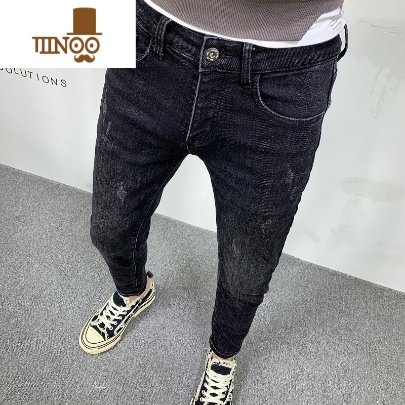 YANXU牛仔裤男士高端潮牌修身小脚2022年新款弹力百搭休闲长裤子高清大图