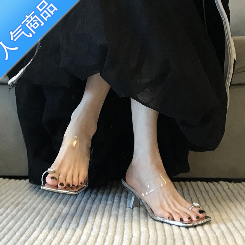 SUNTEK【博主推荐】拖鞋女夏外穿2023新款高跟网红银色夹脚外出细跟凉E高清大图