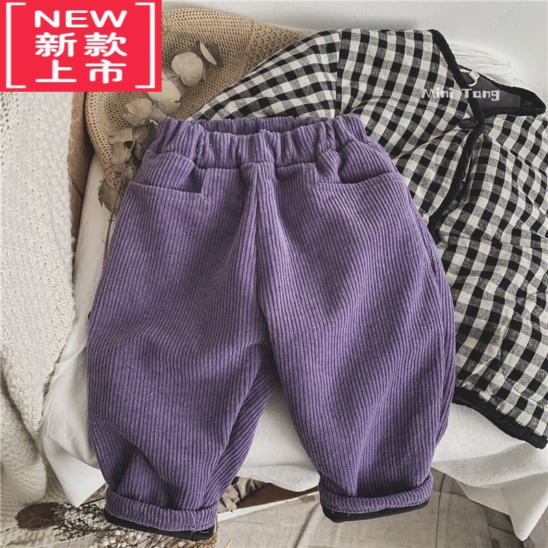 可莉允韩国复古紫色~儿童加绒保暖灯芯绒休闲裤子男女宝宝长裤萝卜裤冬保暖裤图片