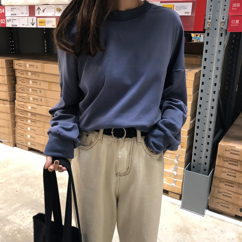 2018年秋季新款女装韩版圆领加绒纯色泡泡袖大码宽松开叉卫衣潮