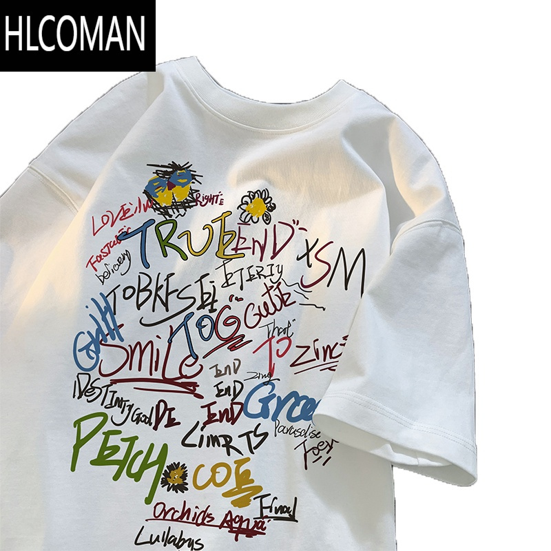 HLCOMAN涂鸦字母短袖t恤男潮牌美式嘻哈圆领衣服夏季青少年宽松体恤