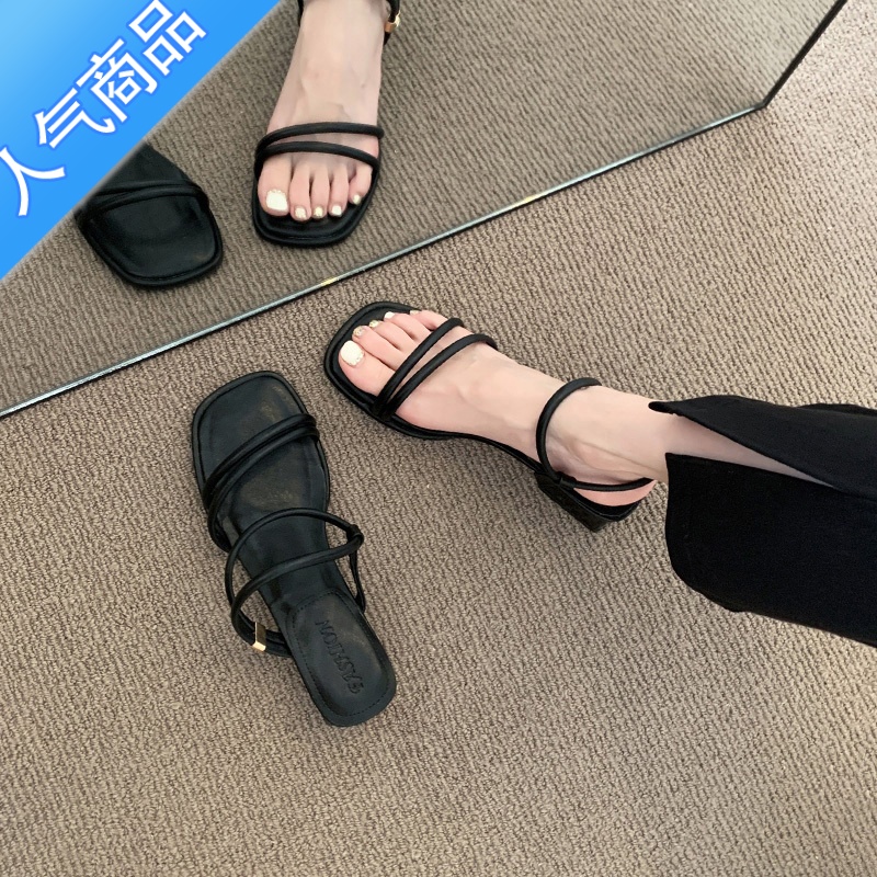 SUNTEK高跟凉鞋女款夏季2023新款时尚一字带法式配裙粗跟罗马鞋两穿凉拖高清大图