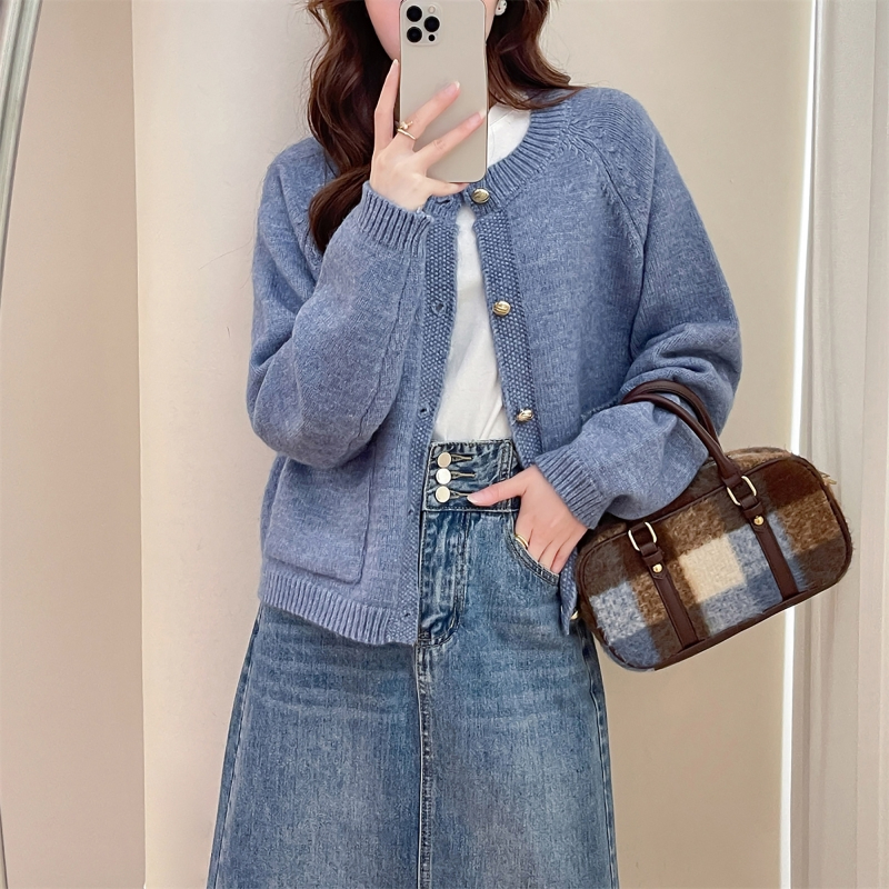 唐狮慵懒小香风圆领开衫女新款冬季蓝色毛衣外套慵懒高级感qd