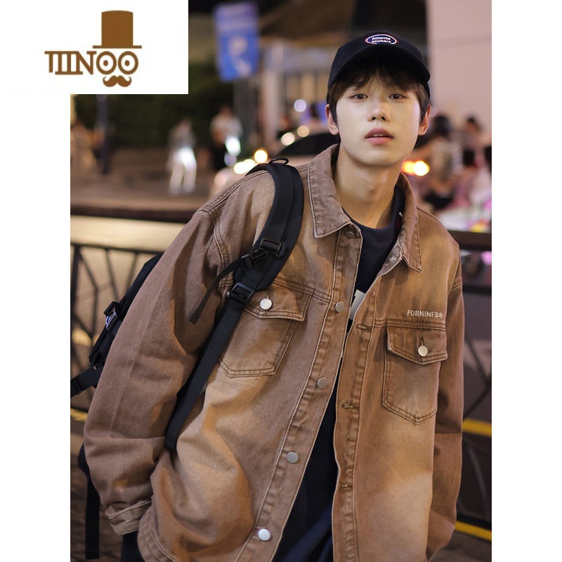 YANXU秋季新款美式复古做旧牛仔外套男士款帅气宽松夹克衫高清大图