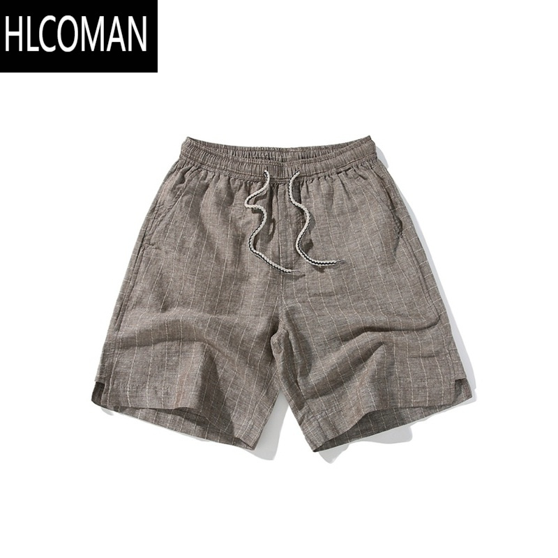 HLCOMAN日系亚麻短裤男青年大码宽松复古麻棉五分裤纯色条纹运动沙滩裤薄