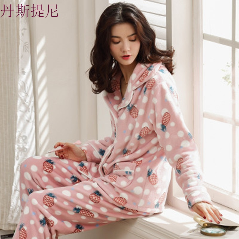 2018秋冬季新款法兰绒睡衣套装长袖翻领女加厚开衫可爱家居服学生