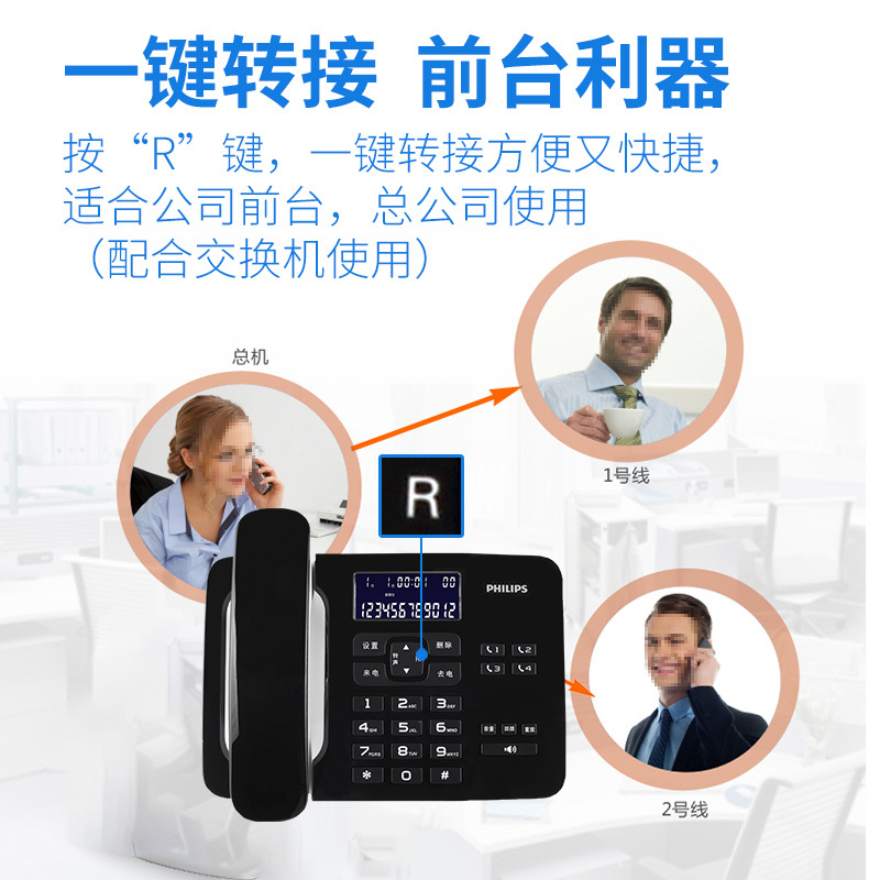 飞利浦(PHILIPS)电话机座机 固定电话 办公家用 来电报号 双插孔 一键拨号 CORD492 (黑色)