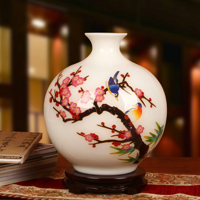 景德镇陶瓷器 高档金丝麦秆喜上眉梢白色花瓶 时尚家居工艺品摆件收纳袋 三维工匠 黄喜上眉梢石榴瓶+底座