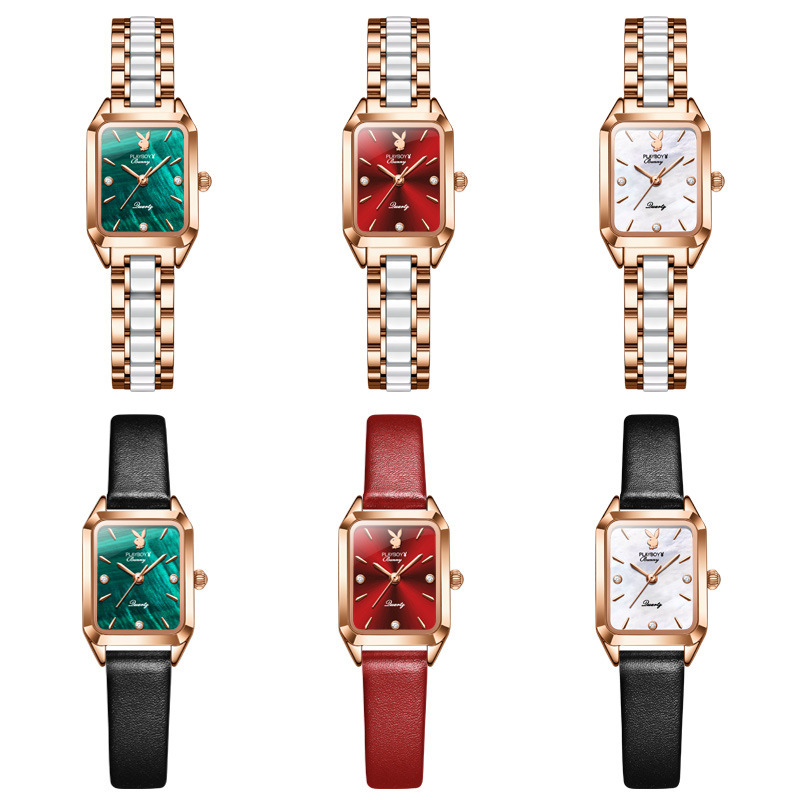 欧美品牌花花公子playboy手表女新款石英表方形时尚小绿表陶瓷带女士