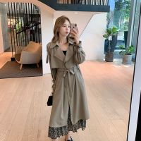 风衣女2021新款洋气中长款矮小个子赫本风韩版垂感学生秋季外套 灰绿色 XS 建议80-9斤
