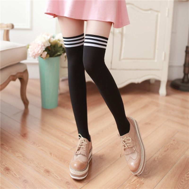 长筒袜过膝 白条纹 黑色