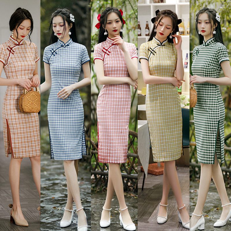 夏季棉改良版中长修身少女款旗袍新款时尚棉花边格子日常旗袍视频