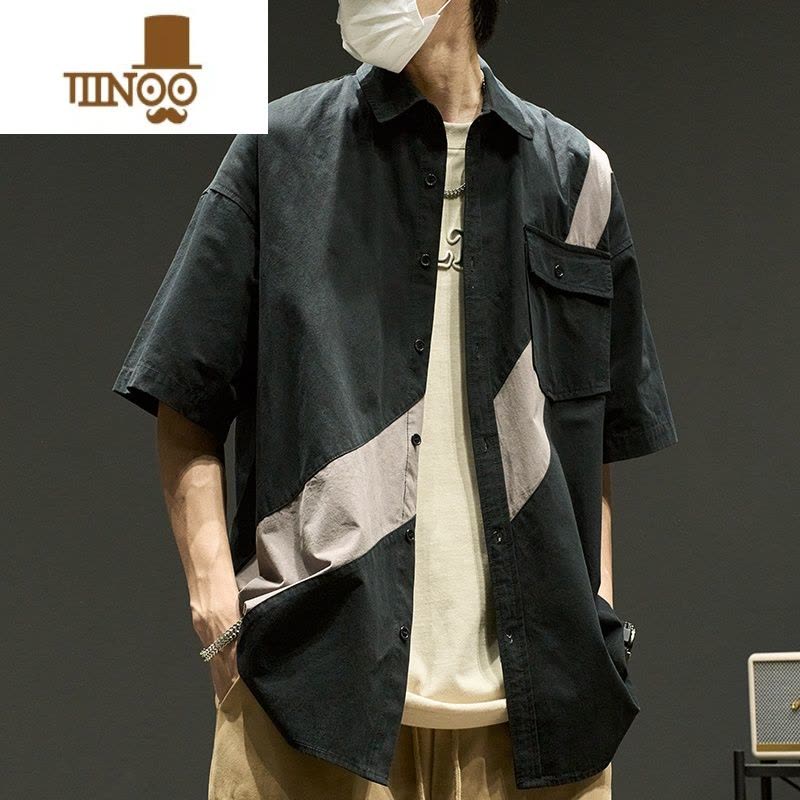 YANXU短袖衬衫男款夏季日系港风复古衬衣潮牌男生翻领拼色工装外套衣服图片