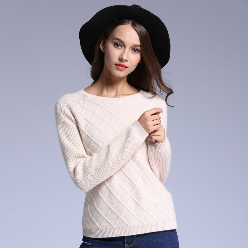 女式秋冬新款山羊绒衫纯色圆领七针加厚菱形羊绒衫外套针织衫毛衣
