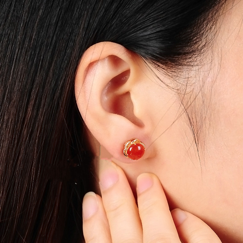 翡翠耳钉红翡镶嵌耳坠花朵玉石耳环女款蛋面圆形耳饰品 带证书送女