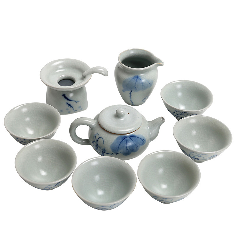 常生源 功夫茶具 整套陶瓷功夫茶具可养开片茶杯茶壶 手绘匏尊原矿汝窑汝瓷茶具套装