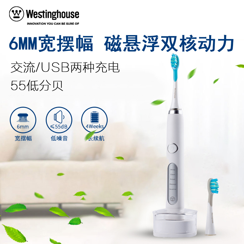 西屋(Westinghouse)电动牙刷WT-501W(五大净齿功能)成人声波震动式牙刷31000次/分钟牙齿美白清洁