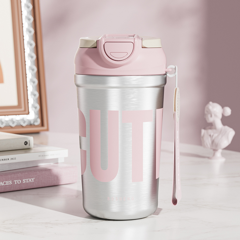 简约吸管保温杯316不锈钢水杯上班族办公室咖啡杯夏季保冷双饮杯子 银座粉450ml